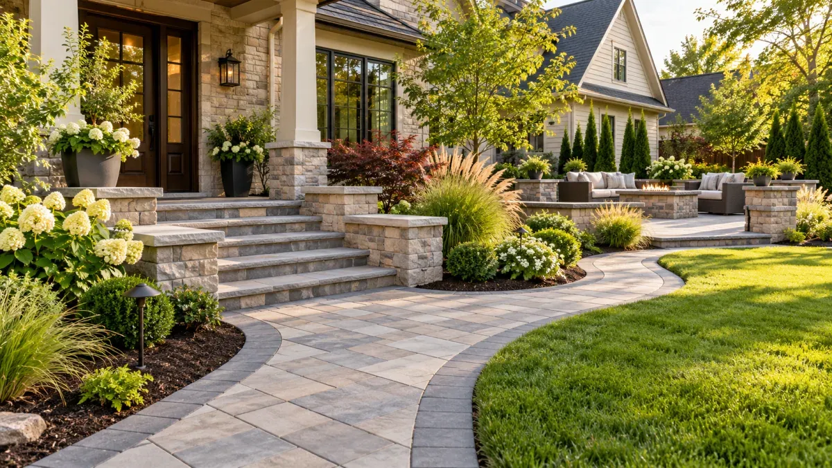 Curved paver walkway with a dark border leading to stone front steps, garden beds, and a patio with a fire pit
